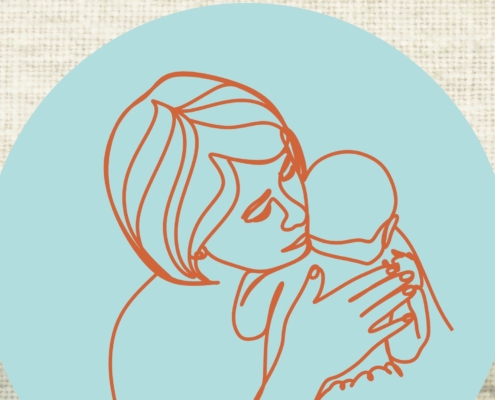 Frau hält Baby Babytragen als uralter Instinkt